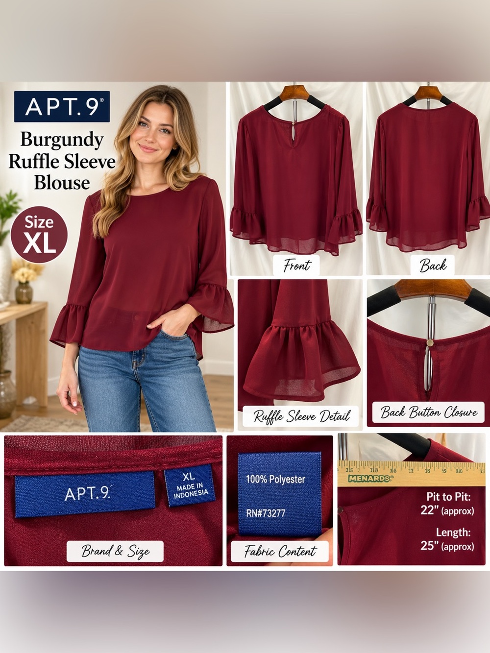 Apt. 9 Women’s XL Burgundy Ruffle Bell Sleeve Blouse 3/4 Sleeve